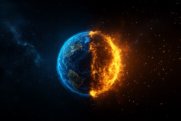 Fototapeta premium A dramatic depiction of Earth split between cool blue and fiery orange, symbolizing climate change and environmental shifts.