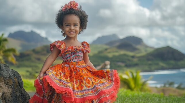Joyful Mauritian Child in Traditional Sega Dress Dancing on the Coastal Beach in Festive Celebration - Full Body Pose of Young Dancer