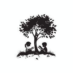 kids reading book under the tree vector logo