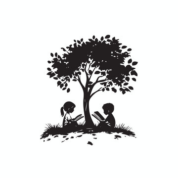 kids reading book under the tree vector logo