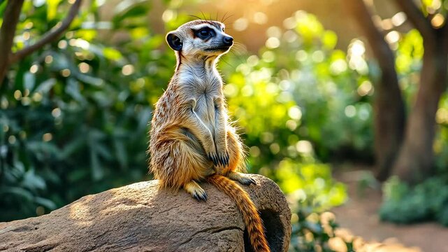A curious meerkat observes its surroundings in the warm sunlight at a wildlife sanctuary during a tranquil afternoon