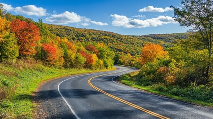 A scenic view of a picturesque road winding through lush green hills, with vibrant autumn foliage lining the sides and a clear blue sky above.