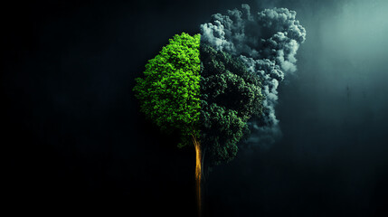 A striking visual of a tree divided into halves, one side vibrant green, the other side shrouded in dark smoke, symbolizing contrast.