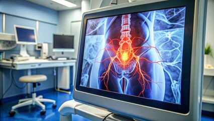 Close-up of a fluoroscopy screen displaying a femoral angiogram, highlighting blood vessels and arteries in the groin area during a medical procedure.