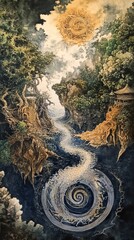 Fototapeta premium A surreal birds-eye perspective over a mythical landscape
