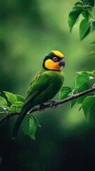 Obraz premium A green-yellow bird perches on a leafy tree branch against a verdant backdrop