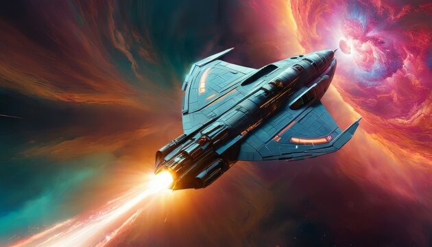 A dynamic scene of a spacecraft hurtling towards a vibrant, swirling nebula in deep space. The intense colors and motion suggest a thrilling space adventure, ideal for sci-fi enthusiasts and