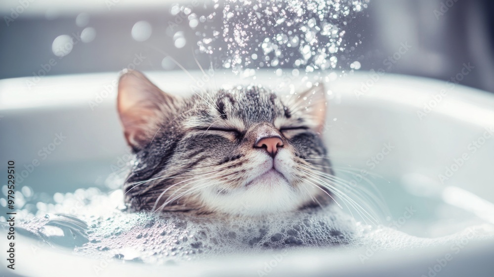 Poster A serene image of a cat calmly sitting in a bath, with a gentle stream of water flowing over it and bubbles forming around its fur, emphasizing a peaceful bathing experience.