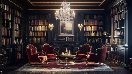 A luxurious home library with velvet armchairs, dark wood bookshelves, a chandelier, and a rich, opulent color palette