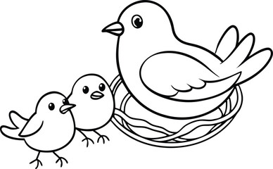 Baby Birds in a Nest with Mother Bird: Vector for a Wholesome Coloring Book
