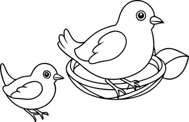 Bird in a Nest with Two Baby Birds: Engaging Vector for Coloring Book Fun
