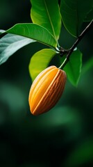  A tight shot of a tree branch bearing fruit and a green leaf behind it