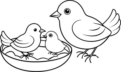 Bird in a Nest with Two Chicks: A Charming Vector for Coloring Book Designs
