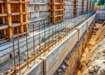 Close-up of construction site showing wall underpinning process with new and existing concrete, exposing detailed building foundation structure for educational and training purposes.