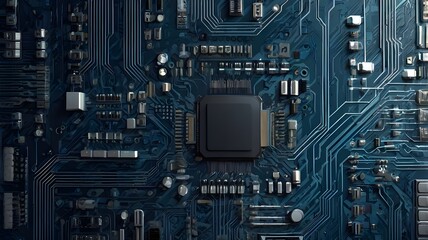 Green electronic circuit board with a microchip processor showcases digital computer technology