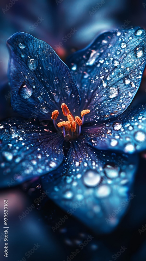 Poster a tight shot of a blue bloom, adorned with dewdrops on its petals