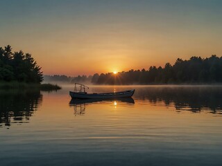 Calm lake with a boat at sunrise