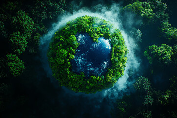 Fototapeta premium Aerial view of a lush green planet surrounded by clouds, showcasing the beauty of nature and biodiversity in harmony.