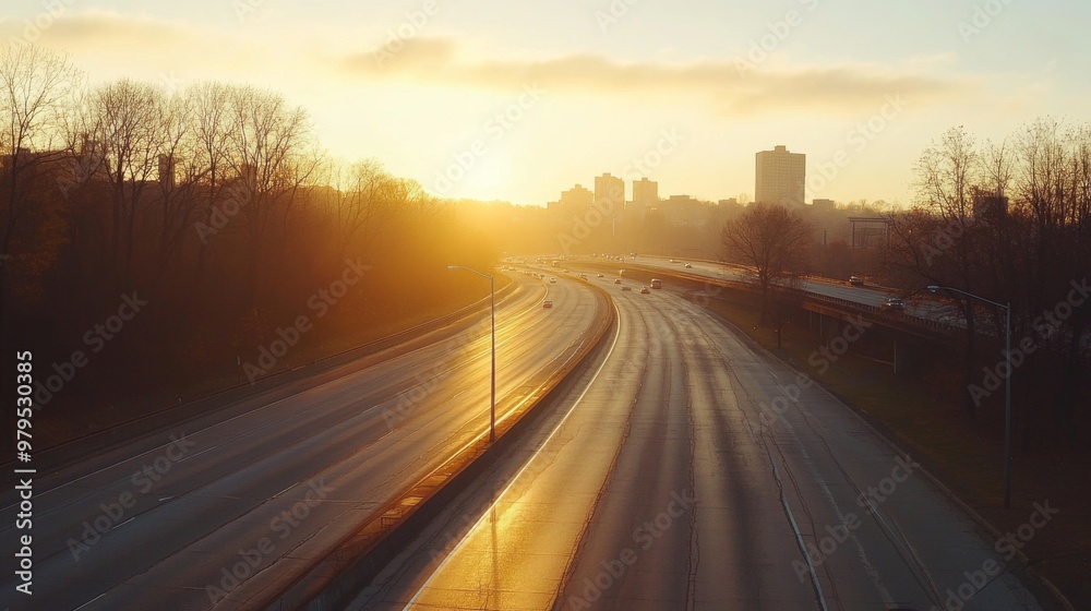 Poster a serene image of an empty expressway during early morning hours, with soft, diffused light and mini