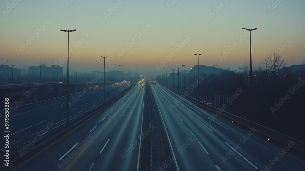 Aufkleber a serene image of an empty expressway during early morning hours, with soft, diffused light and mini