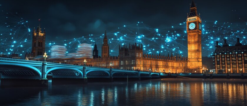 Big Ben and Houses of Parliament with Digital Network.
