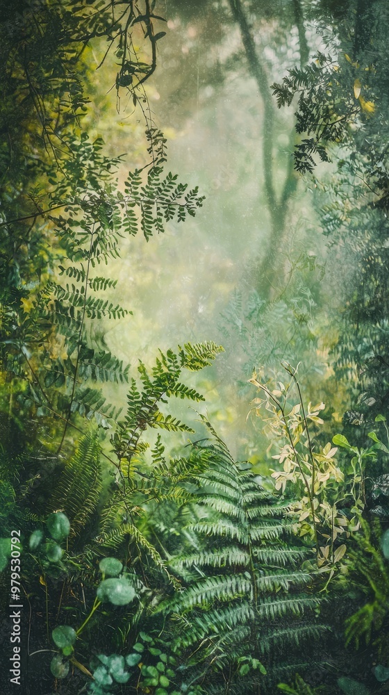 Canvas Prints a forest painting, teeming with abundant green flora light filters through tree leaves