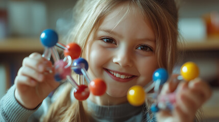 Little girl having fun holding molecular model to learn chemistry science in classroom, science lab, concept, learning, intellectual development