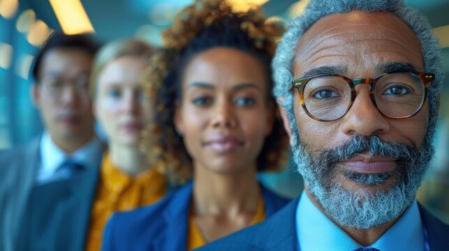 A diverse group of professionals in business attire standing in a corporate setting, each displaying unique cultural and generational characteristics