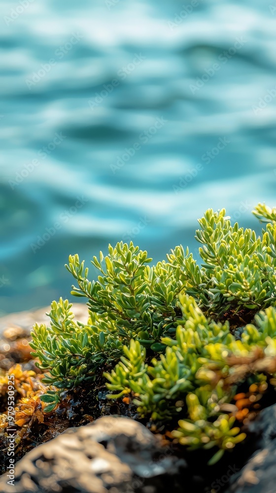 Poster a tight shot of a plant perched on a rock by a tranquil body of water, against a backdrop of a clear