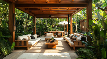Fototapeta premium A luxurious open-air living room surrounded by lush greenery, featuring wooden furniture, natural stone floors, and cozy seating under a pergola