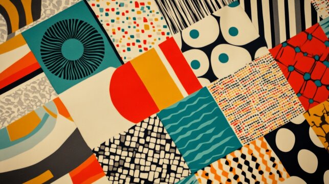 A vibrant collection of geometric patterns featuring bold colors and intricate designs, perfect for creative projects.