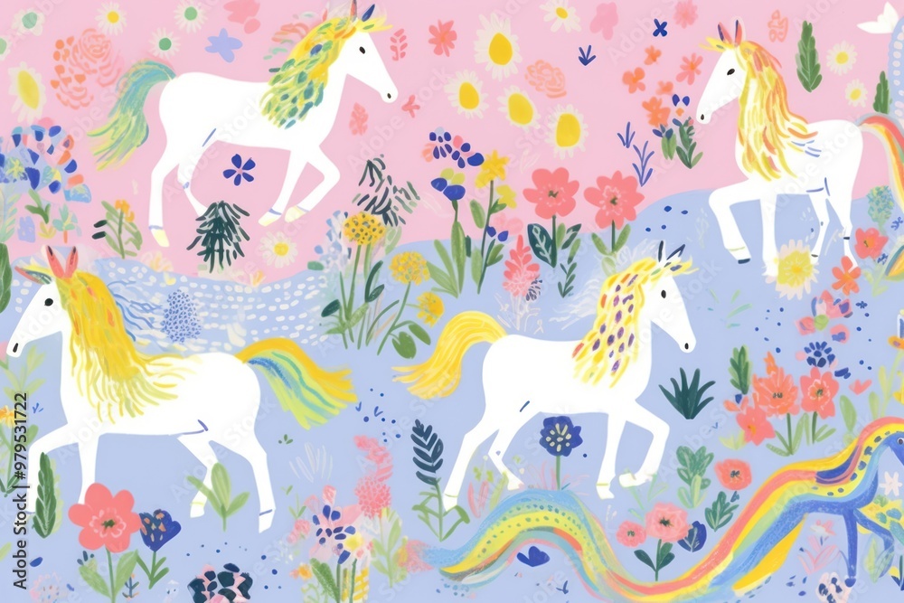 Canvas Prints Rainbow unicorns pattern art painting.