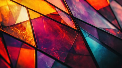 Vibrant abstract stained glass with colorful geometric patterns and textures
