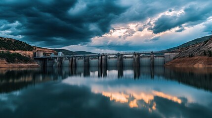Fototapeta premium A hydroelectric dam under a stormy sky, with dramatic clouds reflecting off the surface of the reservoir.
