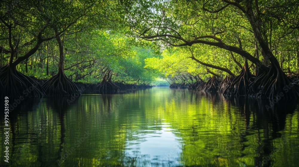 Poster a serene view of a mangrove forest with dense green trees growing in shallow water, reflecting in th