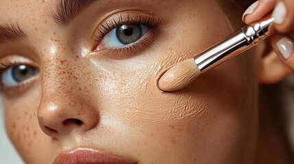 Close-up portrait of a young woman with freckles, half of her face covered in foundation.
