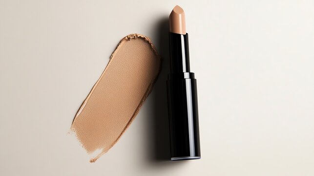 Closeup of a concealer stick with a swipe of product on a white background.