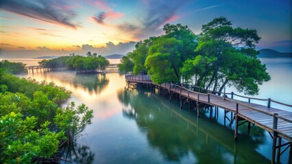 Fototapeta premium vibrant green mangrove forests thriving in murmuring estuary waters with weathered wooden docks and misty atmosphere at twilight
