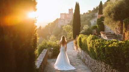 Bride in white wedding dress walks down a path in a village with a castle in the background, lit by the sunset.