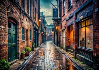 Fototapeta premium Gloomy Alleyway Paved Bricks Old Faded Store Signs