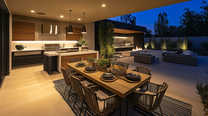 A luxurious outdoor space featuring a gourmet kitchen, large dining table, and an adjacent lounge area with modern fire features and lighting