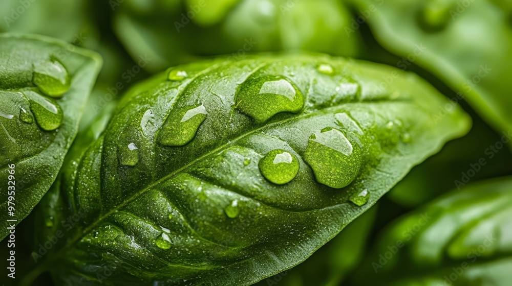 Poster a close-up of a green leaf dotted with water drops..or:..close up of green leaf speckled with water 