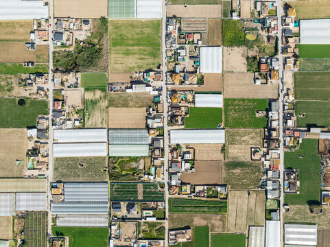 Aerial view of The semi rural district of La Algaida with its cultivated fields next to Sanl&uacute;car de Barrameda. Aerial view. Drone shot. C&aacute;diz province, Andalusia, Spain.