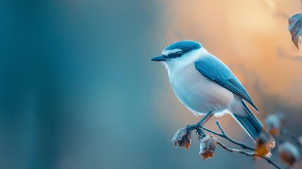 Obraz premium A blue-and-white bird perches atop a tree branch against a floral foreground