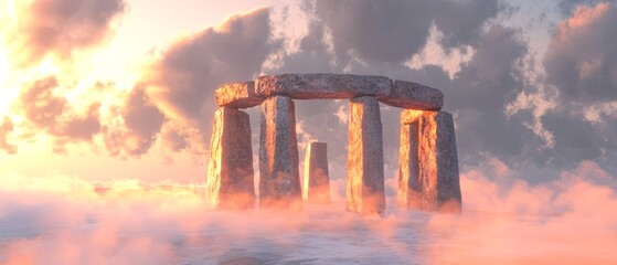 Ancient Stone Archway in a Misty Sunrise.