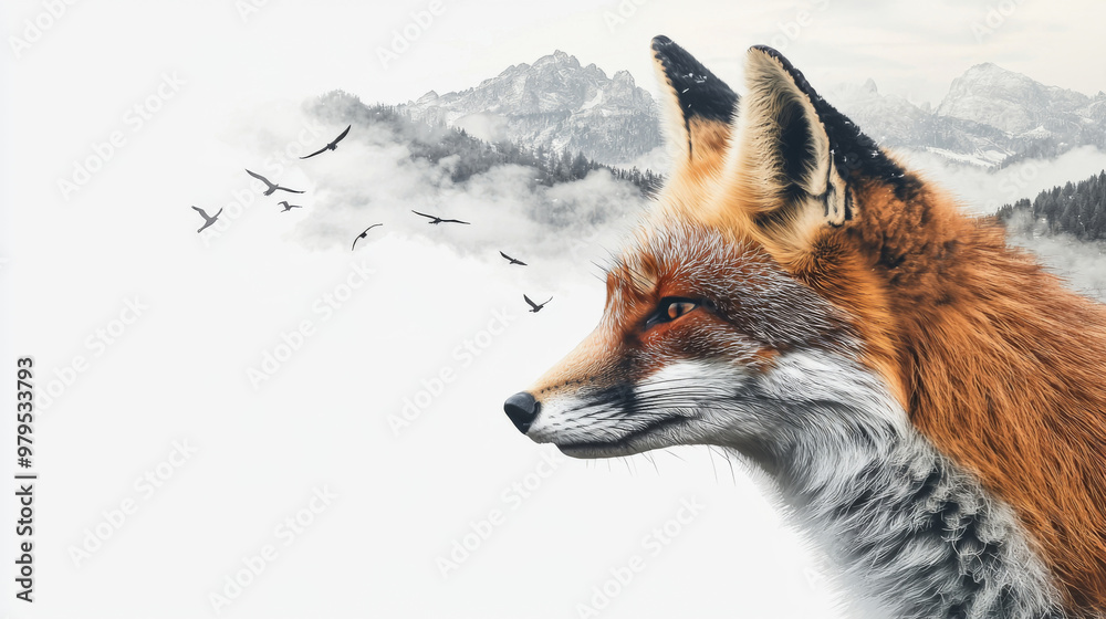 Wall mural a fox is staring at the camera with a snowy mountain in the background