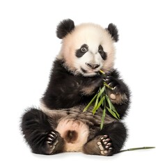 Fototapeta premium Panda Cub Sitting with a Playful Look, Holding a Small Piece of Bamboo