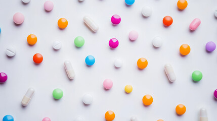Colorful pills and capsules against a plain white backdrop.