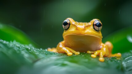  A tight shot of a frog perched on a wet leaf against a verdant backdrop, with dewdrops reflecting light on its eyes