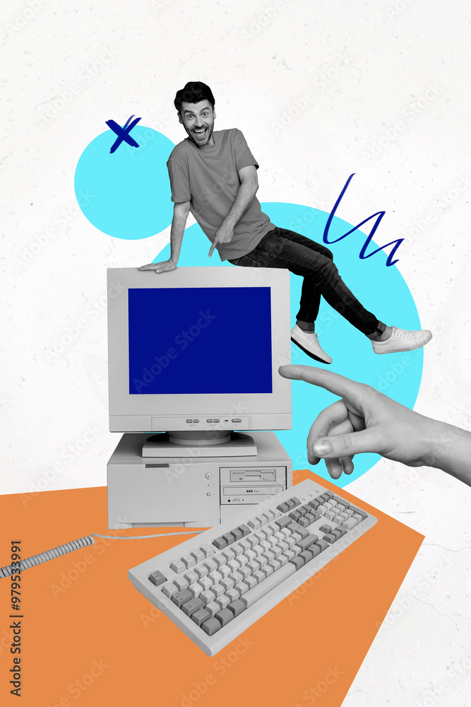 Poster vertical collage young man computer digital device monitor screen media user keyboard equipment hand